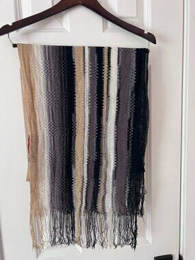 Missoni NWT Black Gray Tan Ombre Zigzag Knit Fringe Scarf Made in Italy